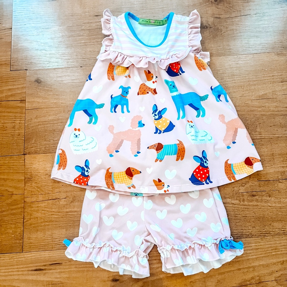 Millie Loves Lily 3T matching summer set in “dog park” pink pattern.